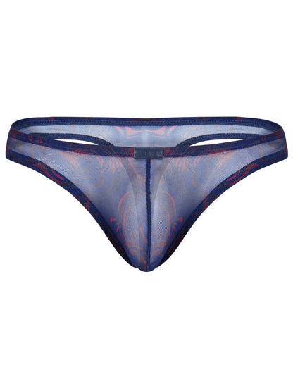 Navy blue sheer mesh thong with subtle red pattern and reinforced waistband from clever 26037 calipso thongs collection