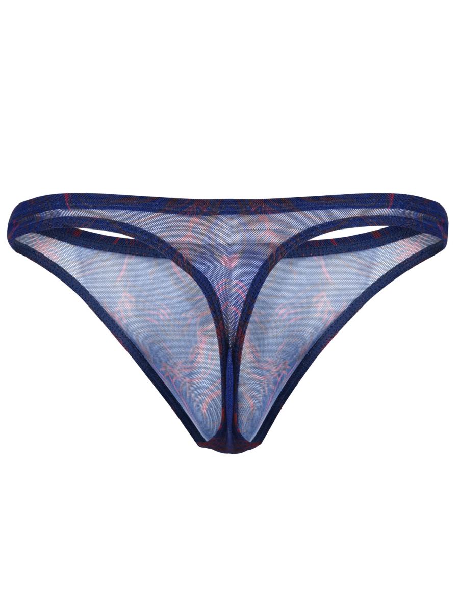 Blue sheer mesh thong with subtle pink and red pattern from clever 26037 calipso collection for bold sensuality