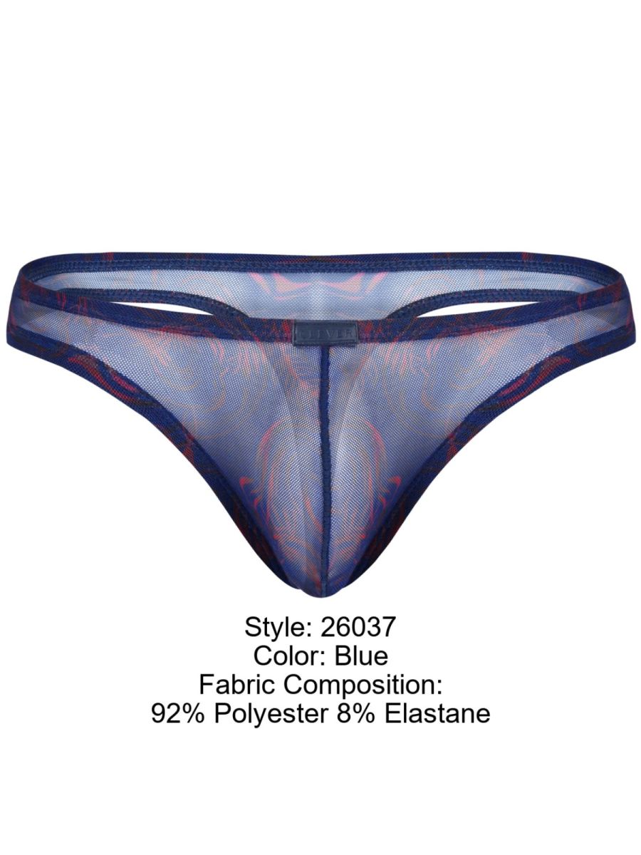 Blue sheer mesh thong with subtle red pattern and reinforced dark blue trim from Clever 26037 Calipso collection
