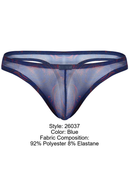 Blue sheer mesh thong with subtle red pattern and reinforced dark blue trim from Clever 26037 Calipso collection