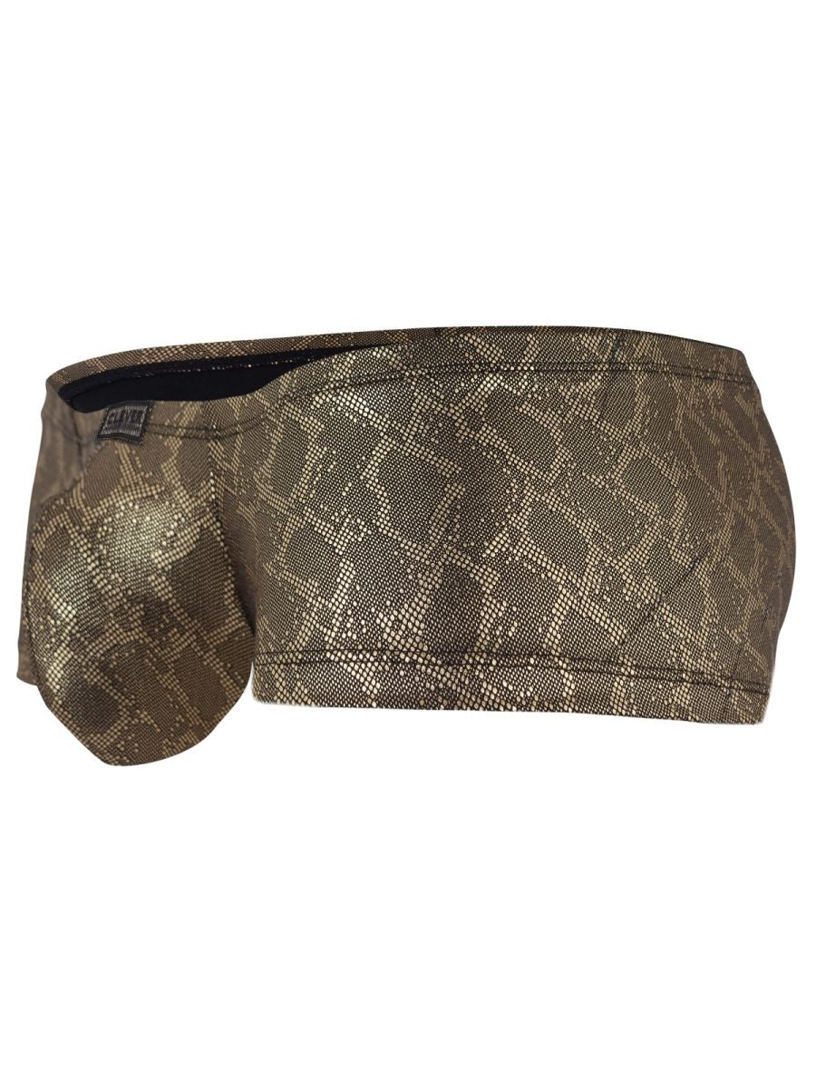 Olive green and gold snake-scale patterned clever 26042 atlas trunks with black lining for bold sophisticated style