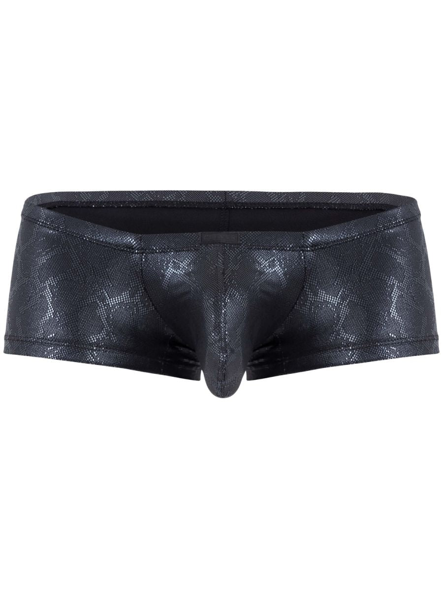 Black snakeskin-patterned clever 26043 atlas trunks with a shiny textured finish in sleek black metallic color