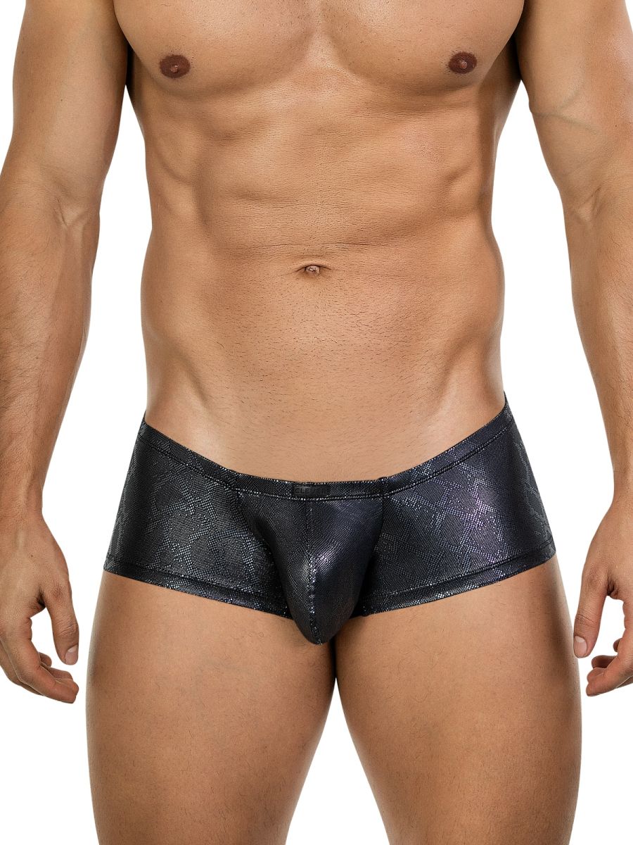 Clever 26043 atlas trunks sleek black metallic color shiny textured fabric briefs with modern design front view