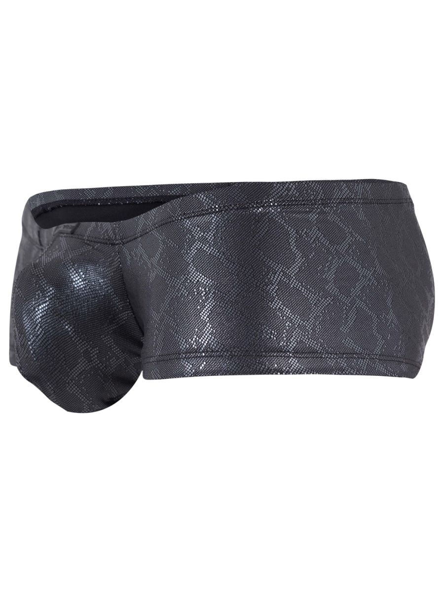 Black clever 26043 atlas snake print swim trunks with shiny textured fabric finish in sleek metallic color