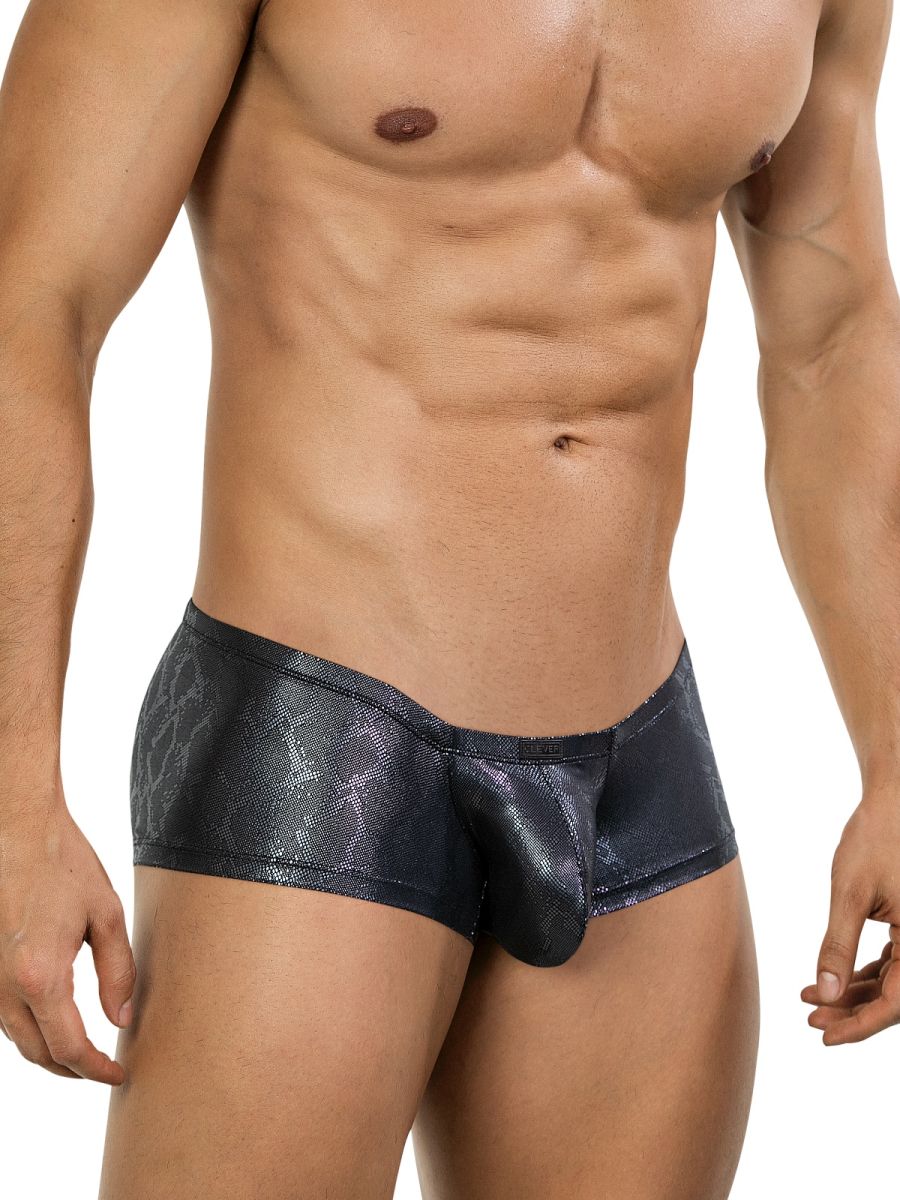 Clever 26043 atlas trunks in sleek black metallic color featuring a black metallic snake-scale pattern men’s briefs