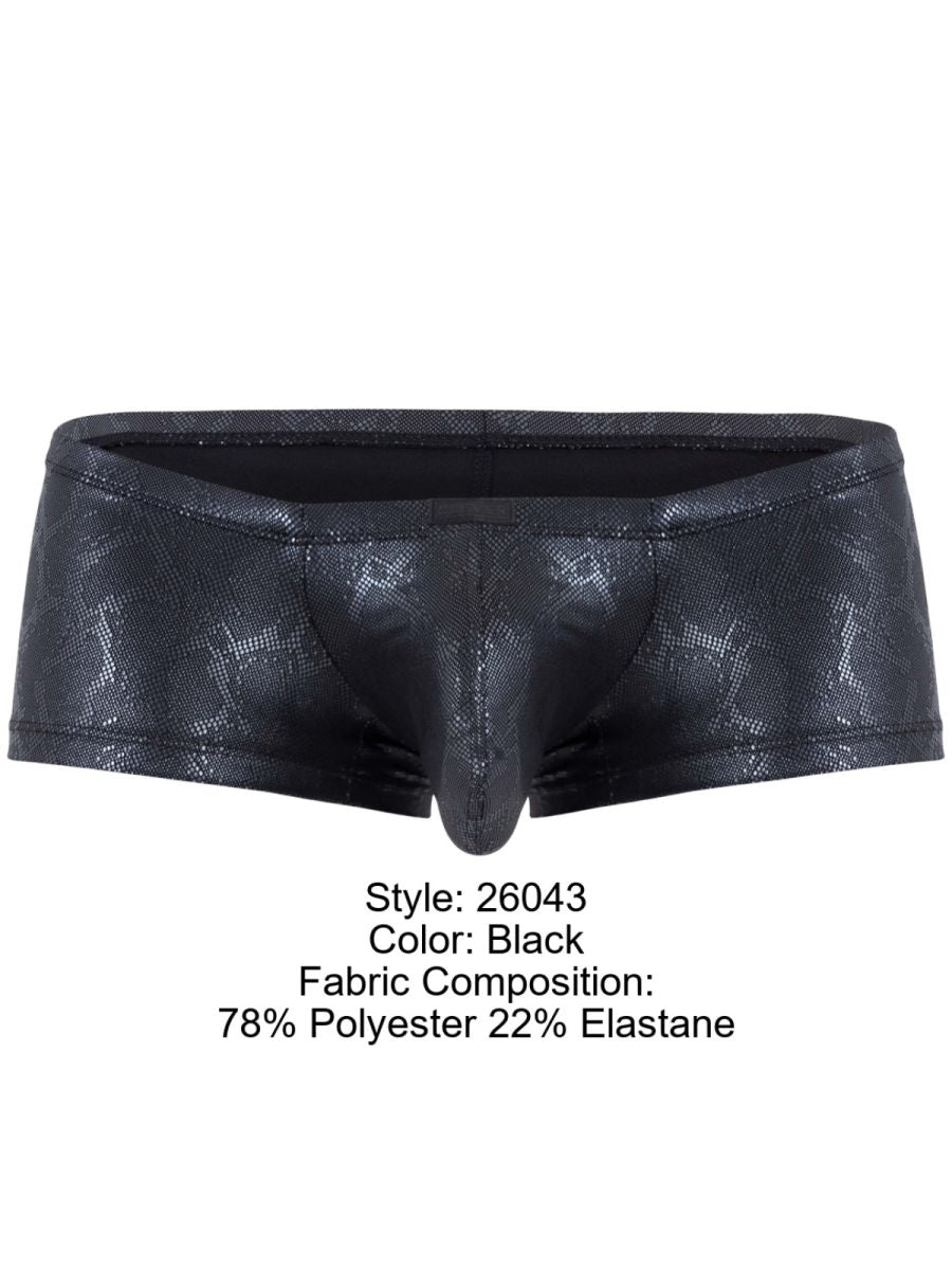 Clever 26043 atlas trunks black men’s briefs with shiny textured snakeskin pattern and elastic waistband