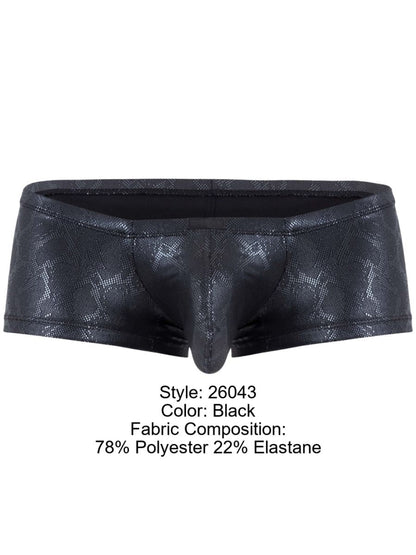 Clever 26043 atlas trunks black men’s briefs with shiny textured snakeskin pattern and elastic waistband