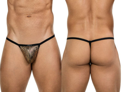 Black thong g-string with gold-toned textured front panel from clever atlas collection for bold sophistication