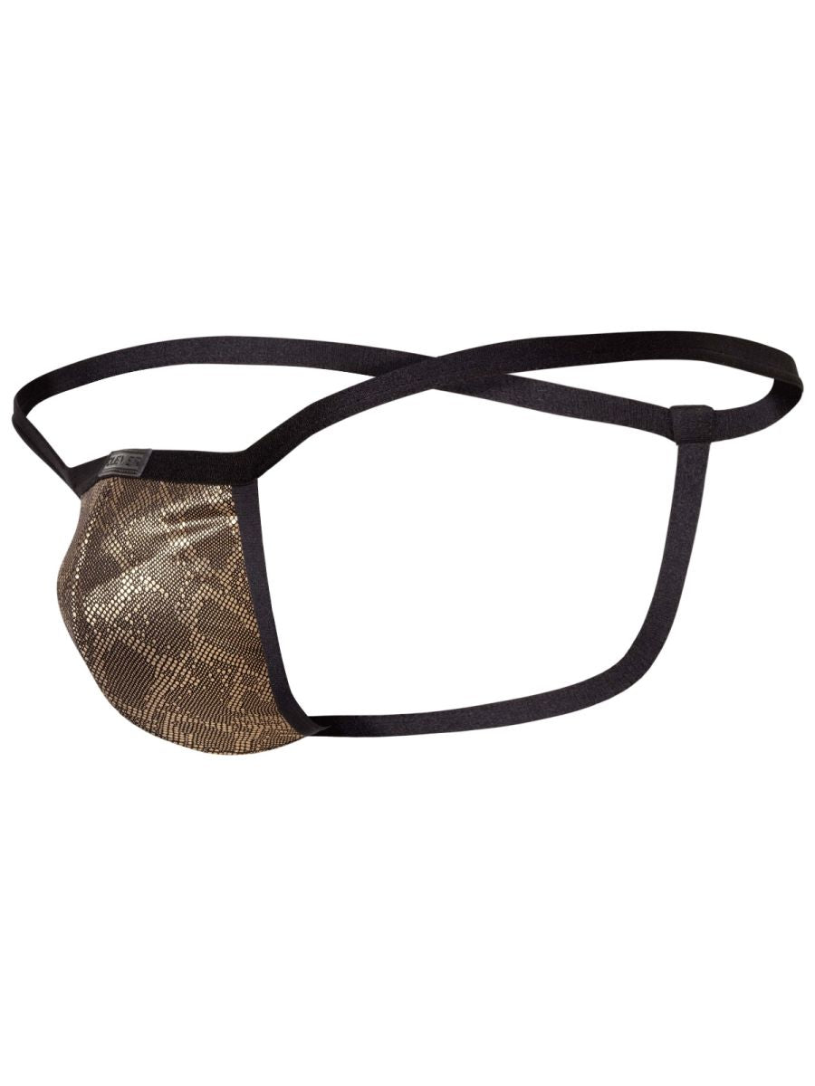 Clever 26046 atlas g-string in gold with gold-toned snakeskin mesh front panel and black elastic straps for bold sophistication