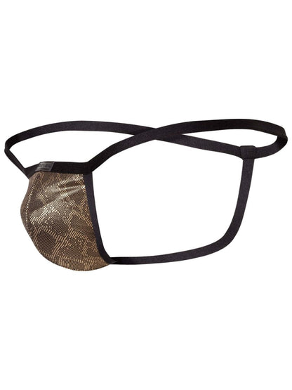 Clever 26046 atlas g-string in gold with gold-toned snakeskin mesh front panel and black elastic straps for bold sophistication