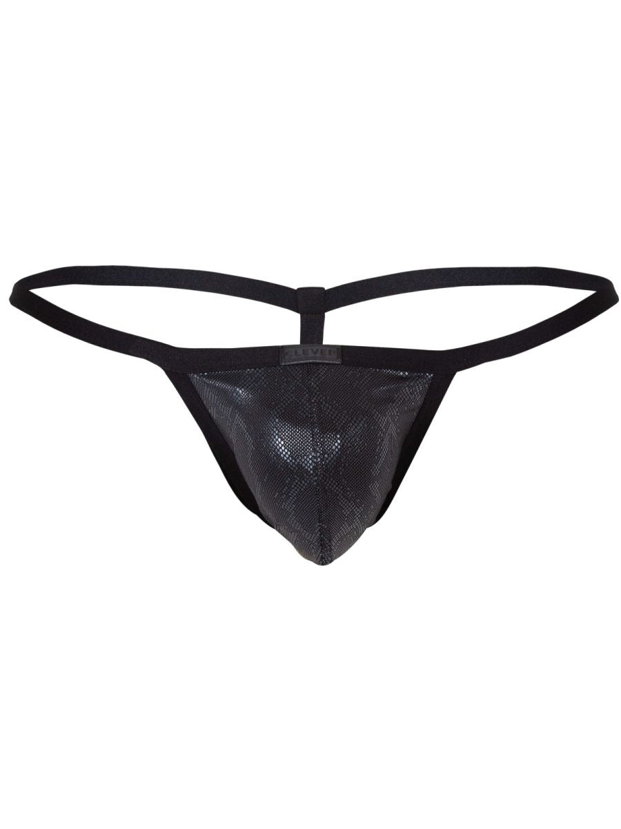 Black clever 26047 atlas g-string with textured snakeskin front panel and smooth elastic straps for bold sophistication