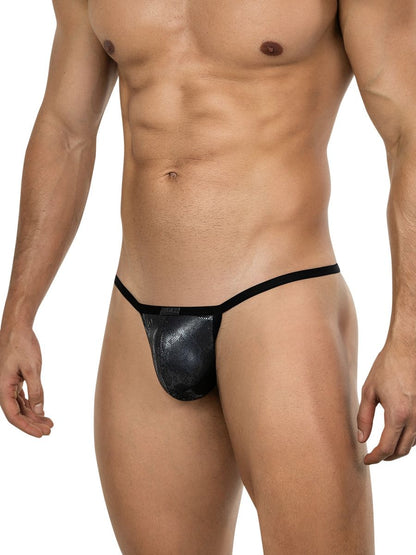 Black snakeskin-patterned atlas g-string with sleek shiny finish and thin black waistband for bold sophistication