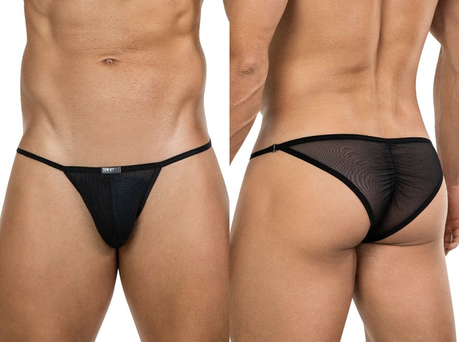 Black mesh thong with solid black waistband and trim showing the back side from Clever 26057 Eos Bikini collection