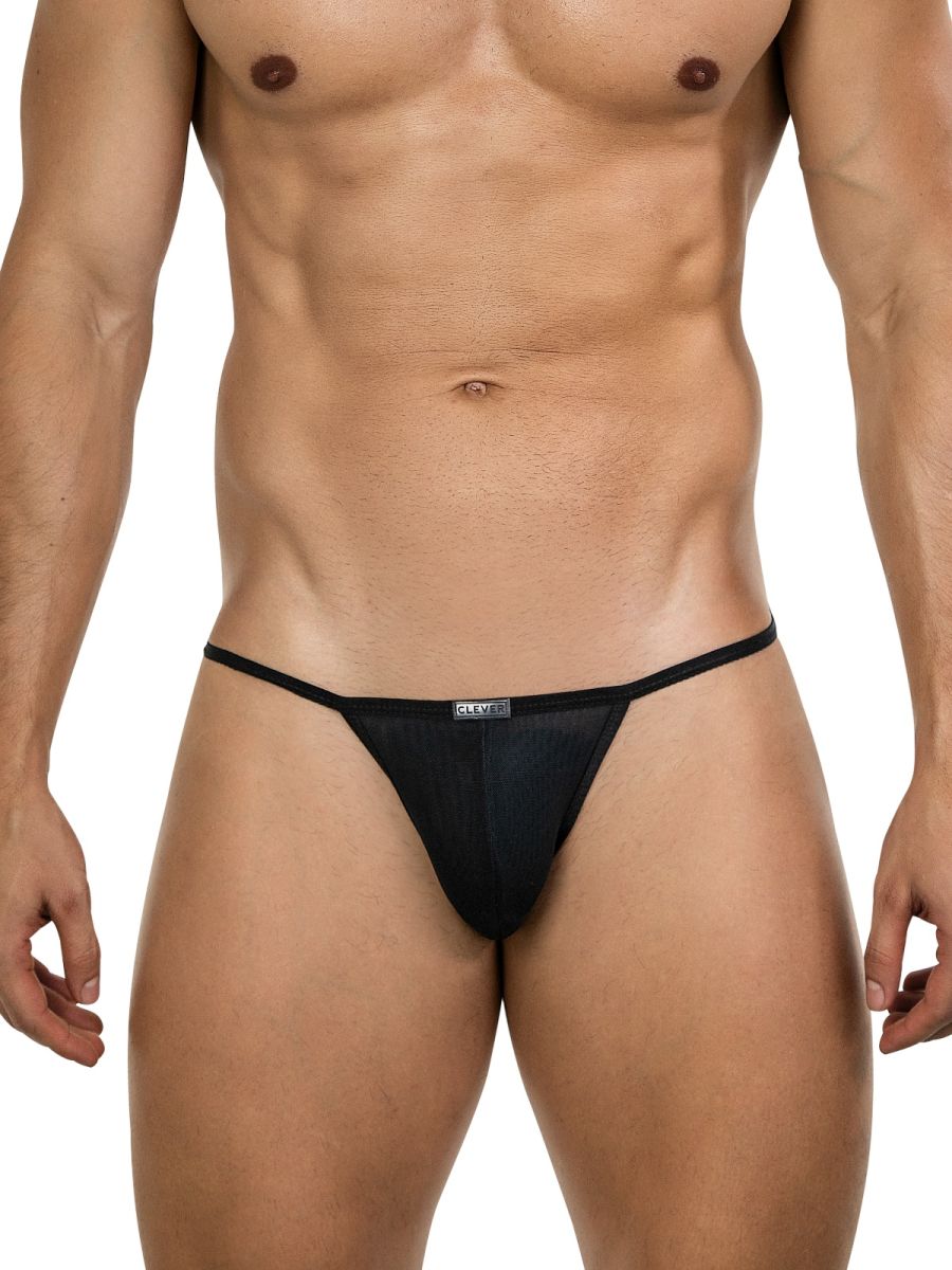 Black mesh thong bikini with thin elastic waistband and small brand tag center from clever 26057 eos bikini