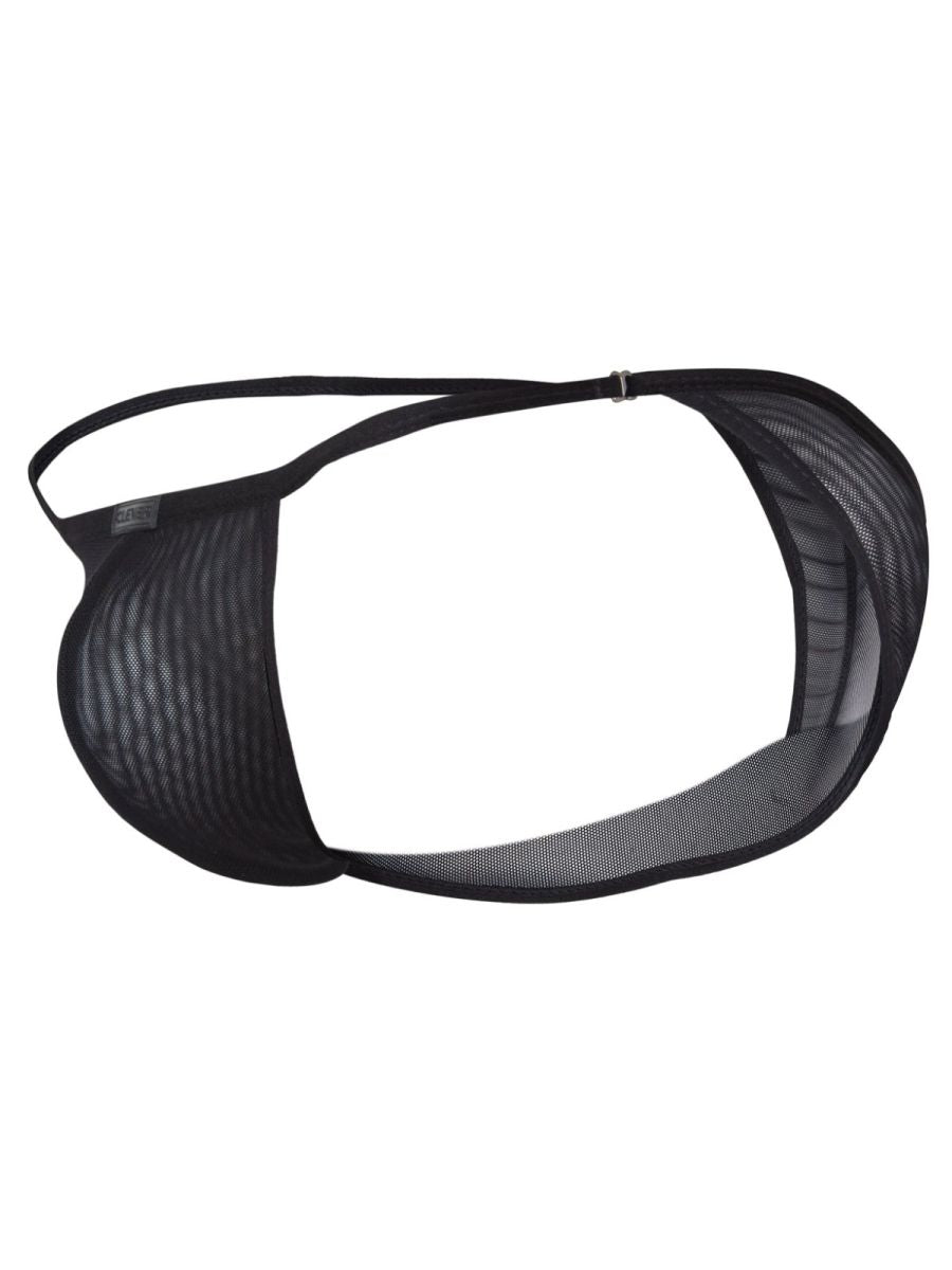 Black mesh cunning 26057 eos bikini thong with thin adjustable strap and small metal clasp shown from the back