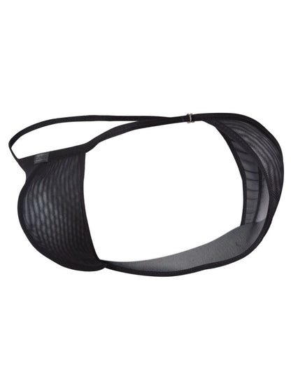 Black mesh cunning 26057 eos bikini thong with thin adjustable strap and small metal clasp shown from the back