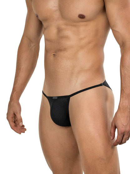 Black mesh thong bikini with sleek form-fitting design and small brand tag in clever 26057 eos bikini color black