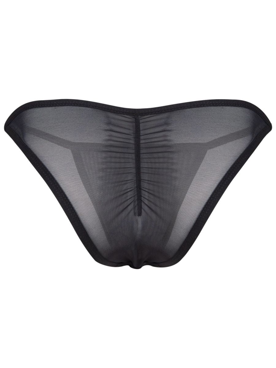 Black sheer mesh thong bikini with ruched back and solid black trim from clever 26057 eos bikini collection