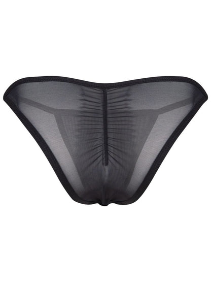 Black sheer mesh thong bikini with ruched back and solid black trim from clever 26057 eos bikini collection