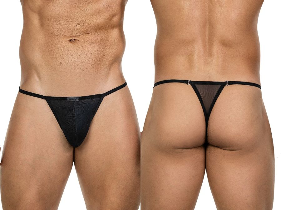 Black mesh thong with solid black waistband and triangular cut from clever 26058 eos thongs collection