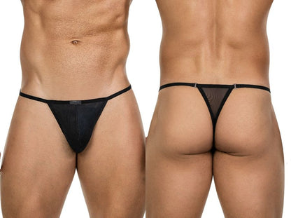 Black mesh thong with solid black waistband and triangular cut from clever 26058 eos thongs collection