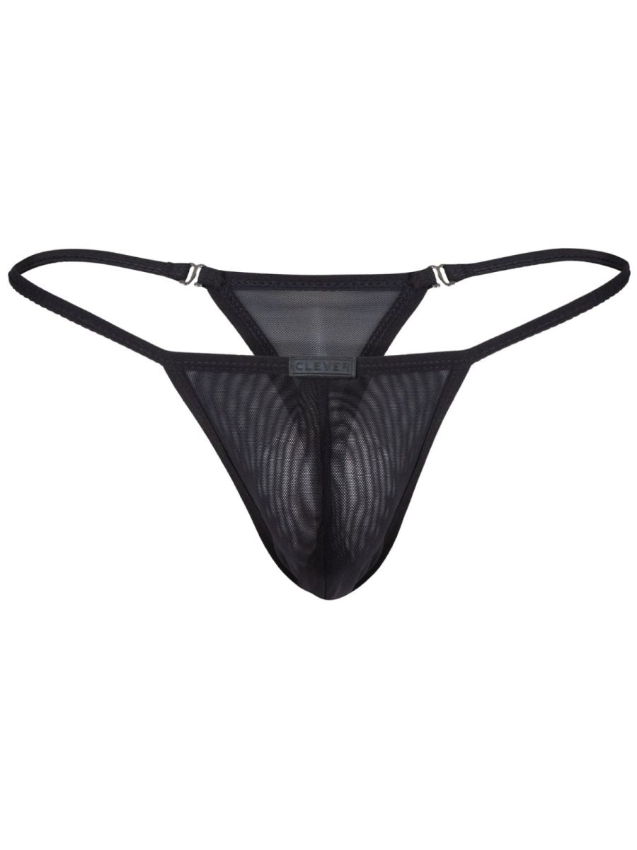 Black mesh clever 26058 eos thong with thin straps and central logo tag for bold and breathable sophistication