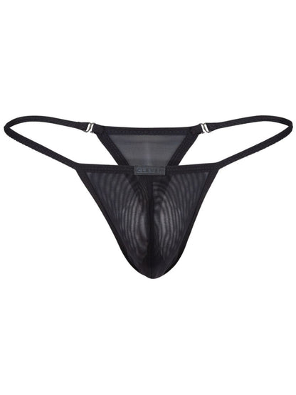 Black mesh clever 26058 eos thong with thin straps and central logo tag for bold and breathable sophistication