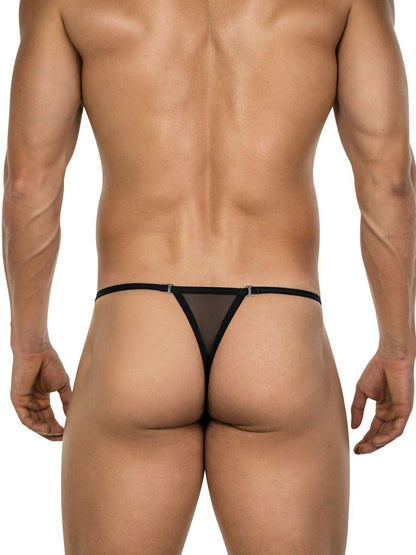 Black clever 26058 eos thong with breathable black mesh, adjustable straps, and sleek minimalist design for bold sophistication