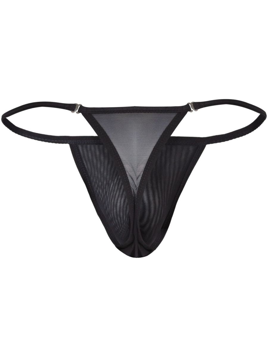 Black clever 26058 eos thong with bold breathable mesh, thin elastic straps, and central triangular panel