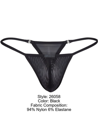 Black clever 26058 eos thong back view with mesh material thin straps and small brand tag for bold breathable sophistication
