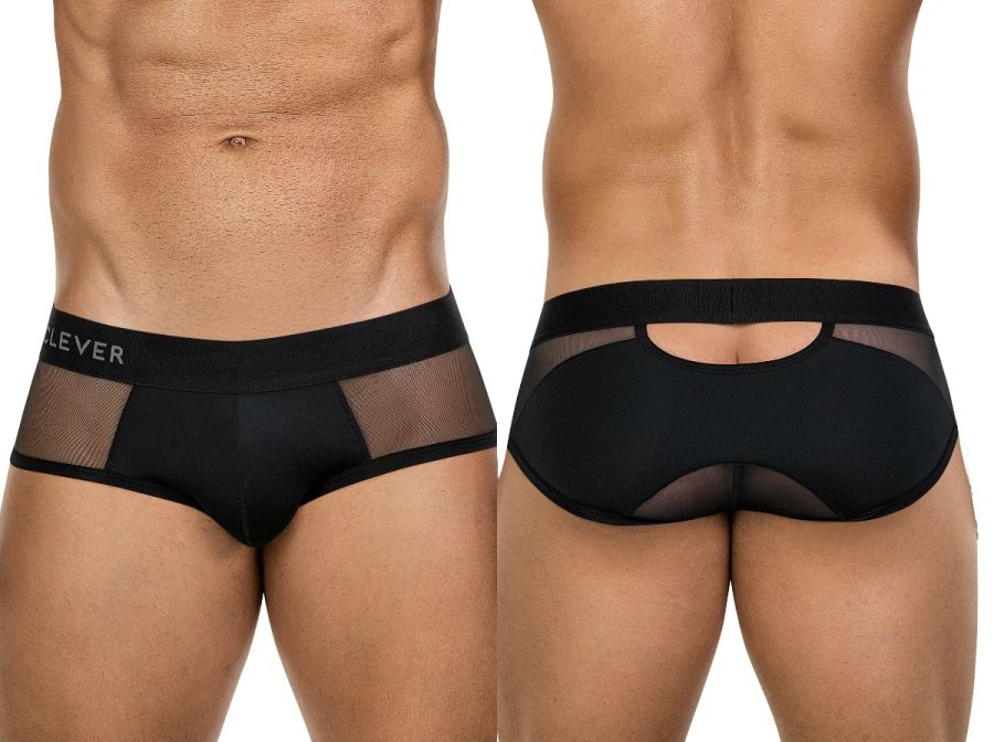 Black clever 26059 tanatos briefs in bold black mesh with solid waistband featuring clever brand name visible
