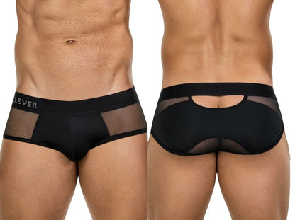 Black clever 26059 tanatos briefs in bold black mesh with solid waistband featuring clever brand name visible