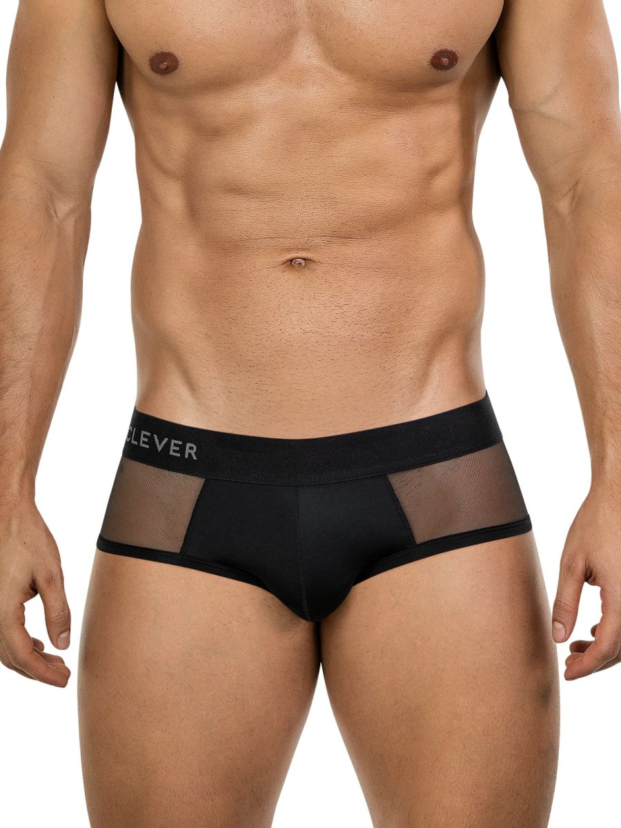 Clever 26059 tanatos briefs in bold black with sheer mesh panels and branded waistband for men