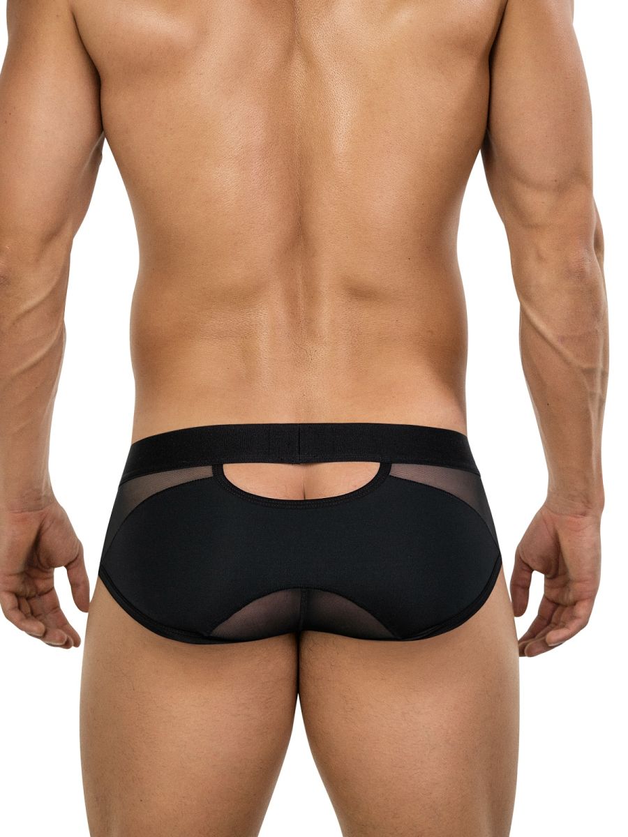 Back view of clever 26059 tanatos briefs in bold black with sheer mesh panels and a cutout made of black mesh