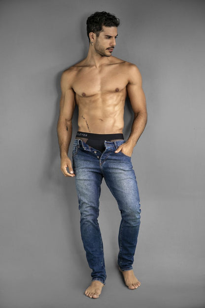 Blue denim jeans with black lexus waistband paired with clever 26059 tanatos briefs in bold black color black