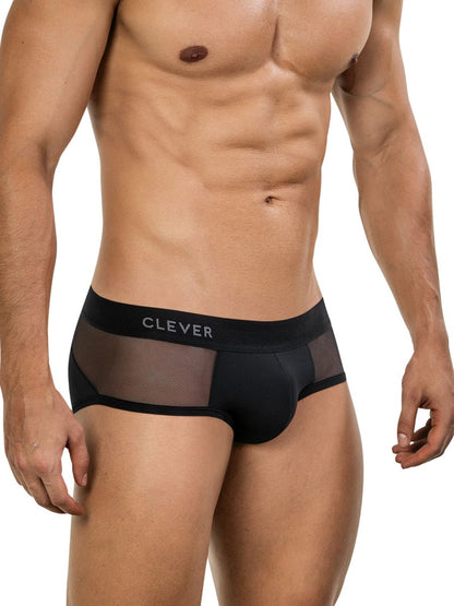 Black mesh clever 26059 tanatos briefs with solid black waistband and white clever logo in bold black color