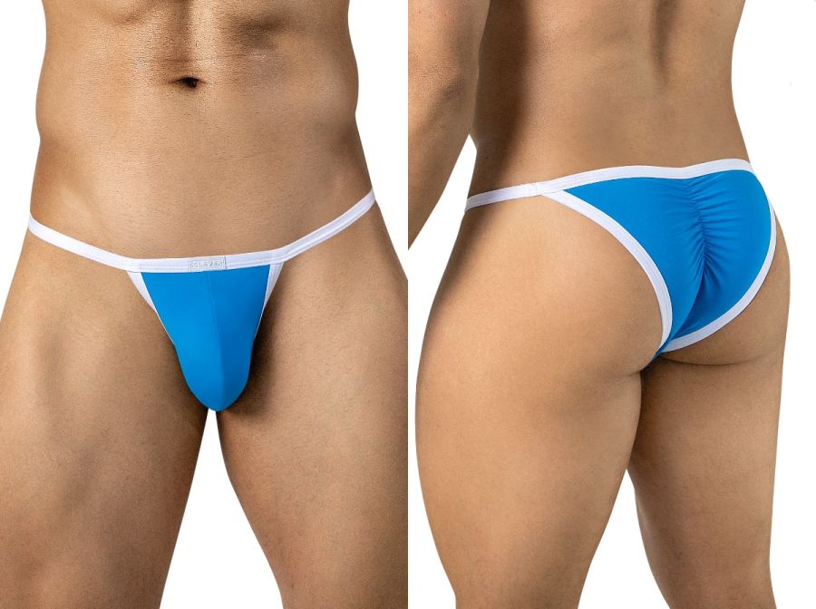Front and rear views of a man wearing turquoise briefs with thin white trim and a gathered back seam.