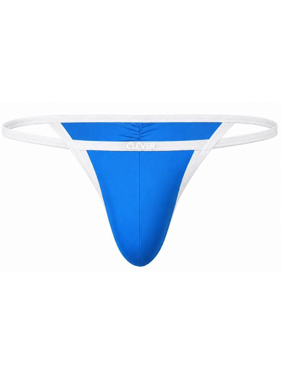 Turquoise men's briefs featuring thin white side straps and a branded front waistband.