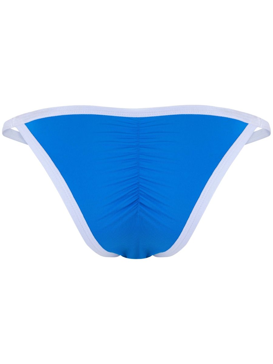 Turquoise briefs with white trim and center-back ruching, viewed from the back.