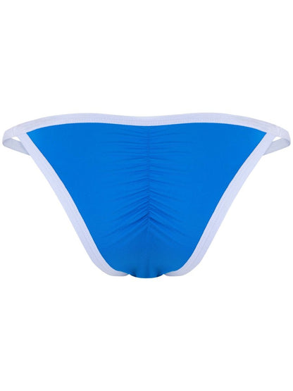 Turquoise briefs with white trim and center-back ruching, viewed from the back.