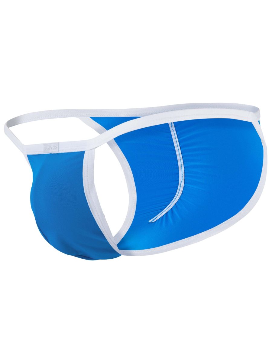 Turquoise men's briefs with white trim, presented on an invisible ghost mannequin from a side angle.