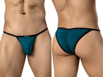Front and back views of a man wearing petrol blue briefs with thin black trim and a center back ruching seam.