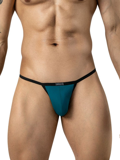 Front view of a man wearing petrol blue briefs with thin black side straps and a small logo tag.