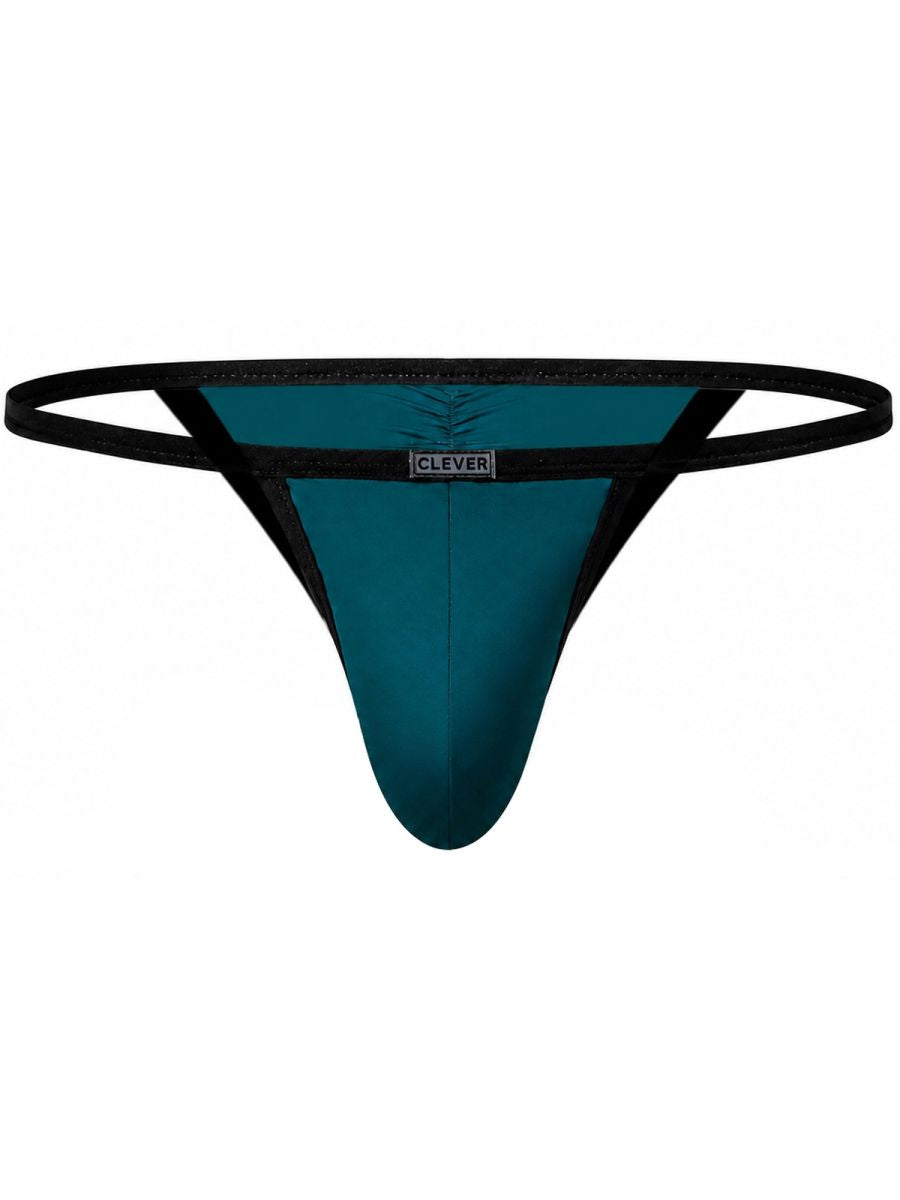 Petrol blue brief with thin black side straps, center front logo tag, and gathered back waistband.