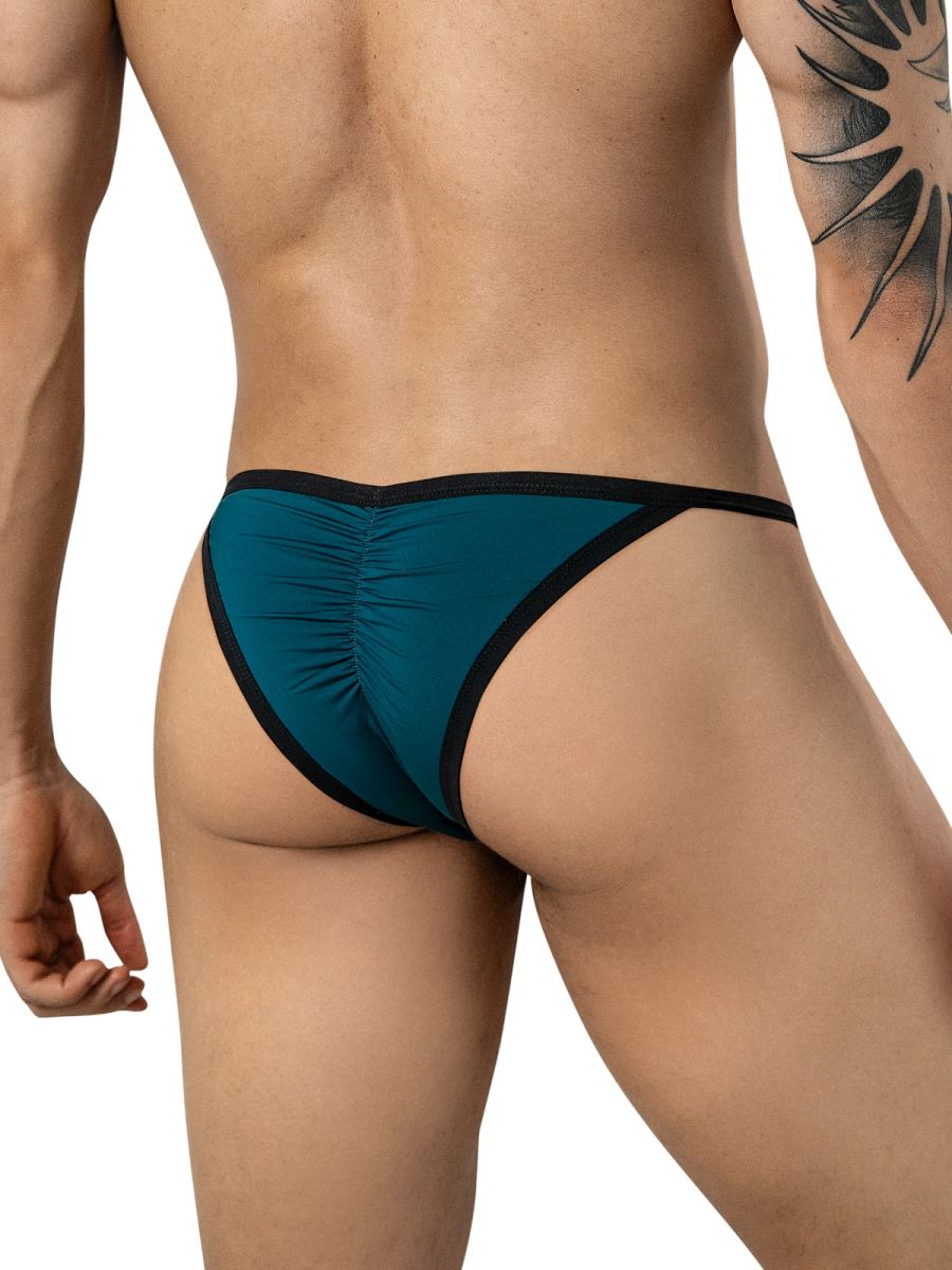Rear view of a man wearing petrol blue briefs with black trim and a center back ruching seam.