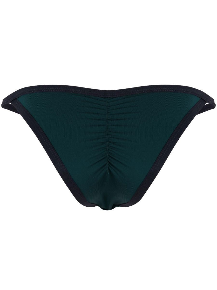 Rear view of Clever Moda petrol blue briefs with dark trim and center gathering.