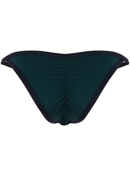 Rear view of Clever Moda petrol blue briefs with dark trim and center gathering.