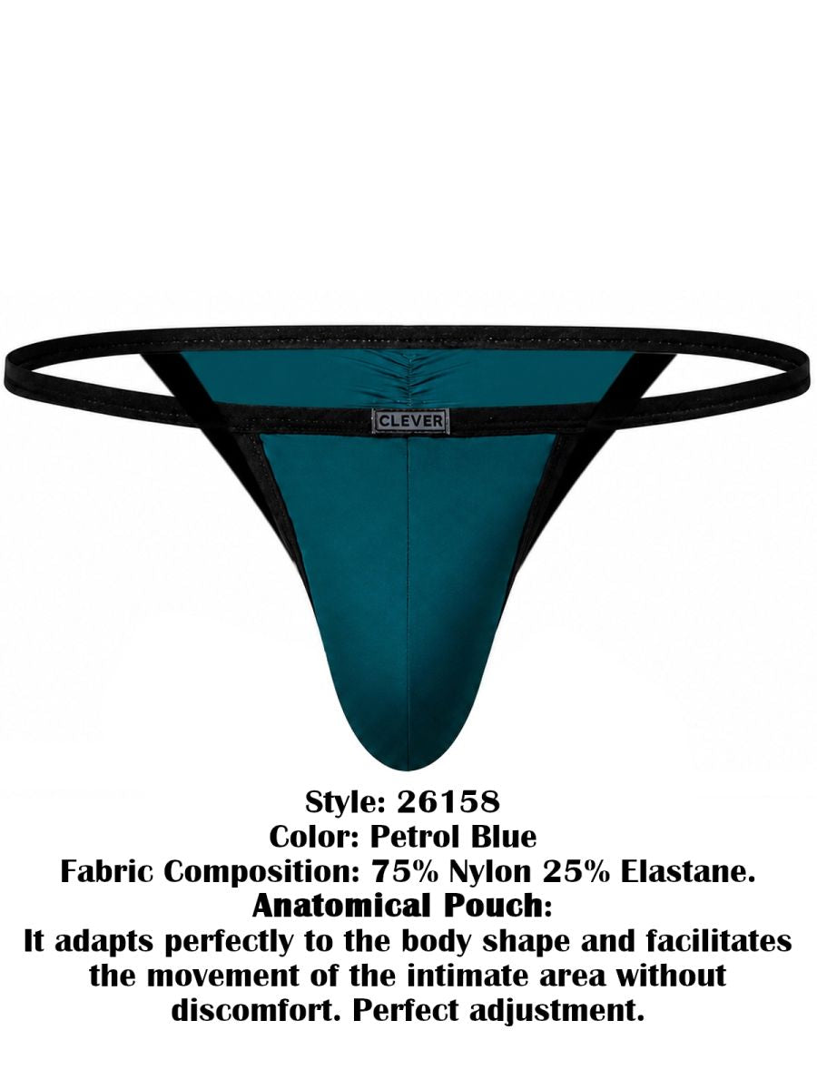 Flat-lay view of petrol blue men's briefs featuring thin black straps and a labeled front pouch.