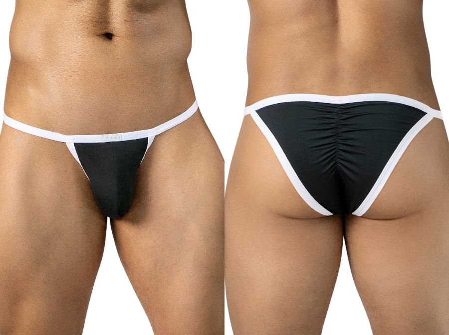 Front and rear views of a man wearing black briefs with white trim and a gathered back seam.