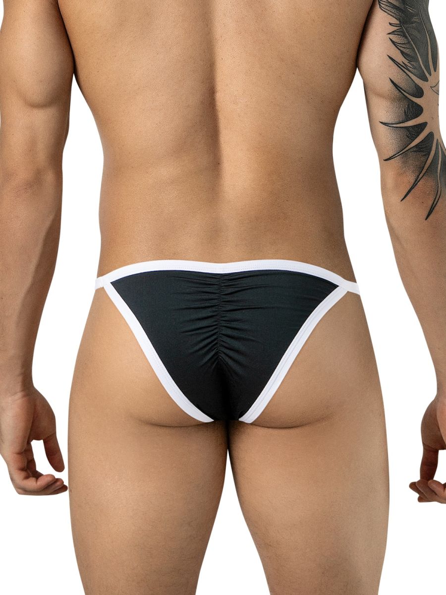 Rear view of a man wearing black briefs with white trim and a center-back ruching seam.